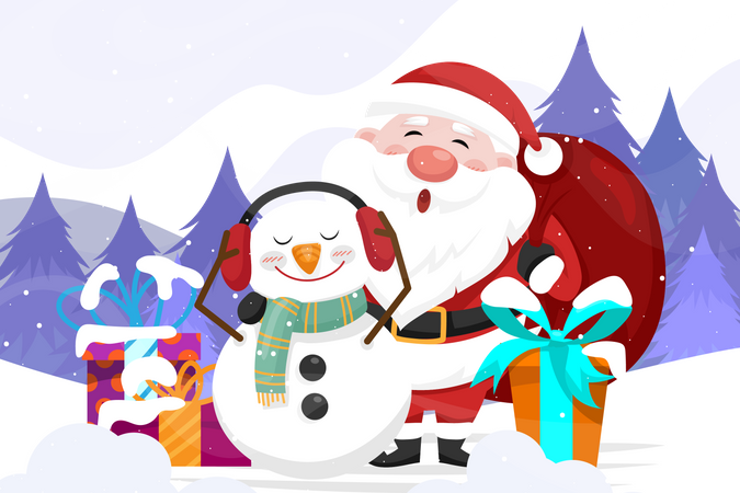 Papá Noel con muñeco de nieve y caja de regalo.  Ilustración