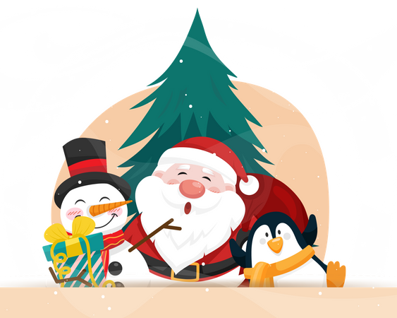 Papá Noel con muñeco de nieve y pingüino.  Ilustración