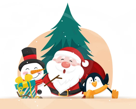 Papá Noel con muñeco de nieve y pingüino.  Ilustración