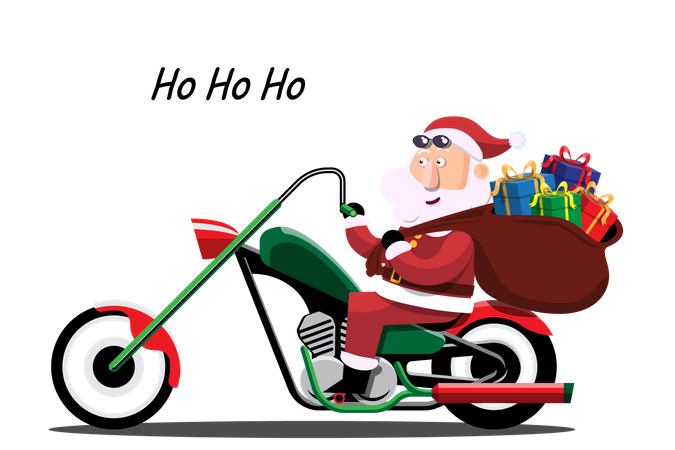 Papá Noel conduce una motocicleta para repartir regalos de Navidad  Ilustración