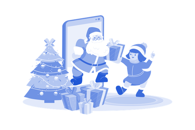 Papá Noel da regalo de Navidad a niños mediante móvil online  Ilustración