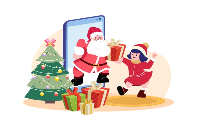 Papá Noel da regalo de Navidad a niños mediante móvil online  Ilustración