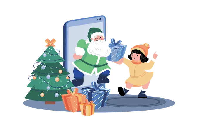 Papá Noel da regalo de Navidad a niños mediante móvil online  Ilustración