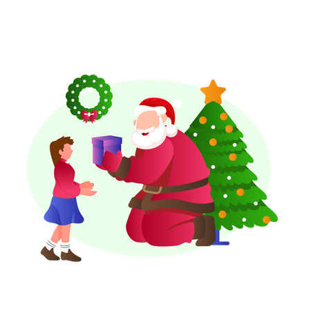 Papá Noel dando regalo a niña  Ilustración