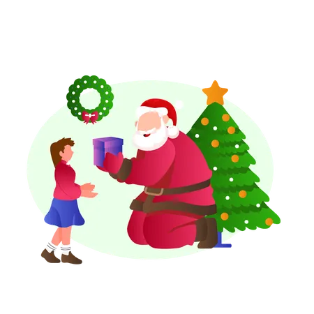 Papá Noel dando regalo a niña  Ilustración