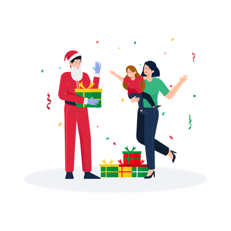 Papá Noel dando regalo sorpresa a niño  Ilustración
