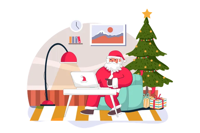 Papá Noel enviando regalos en línea en una computadora portátil  Ilustración