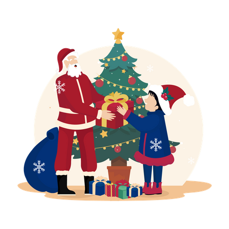 Papá Noel le da un regalo al niño  Ilustración