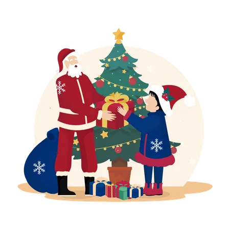 Papá Noel le da un regalo al niño  Ilustración