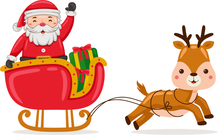Papá Noel montando trineo con renos para entregar regalos de Navidad  Ilustración