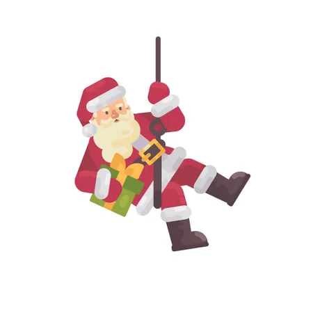 Papá Noel haciendo rápel con un regalo en la mano  Ilustración