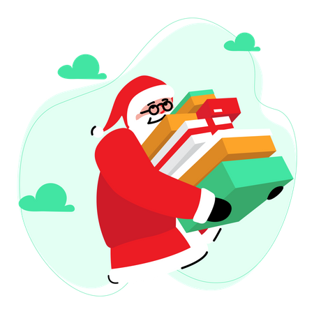 Papá Noel repartiendo muchos regalos.  Ilustración