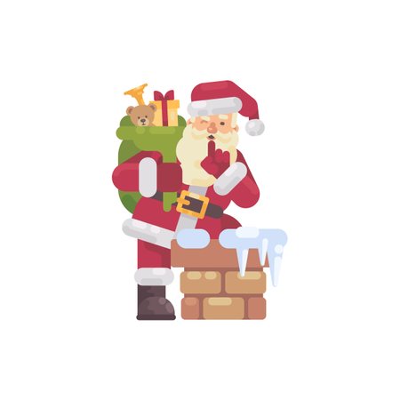 Papá Noel subiendo a la chimenea con una bolsa de regalos  Ilustración