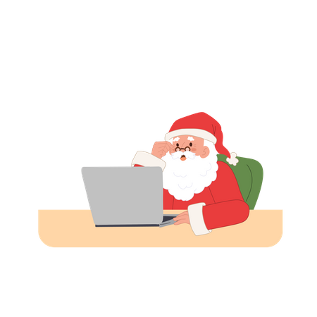 Papá Noel trabajando en la computadora portátil  Illustration