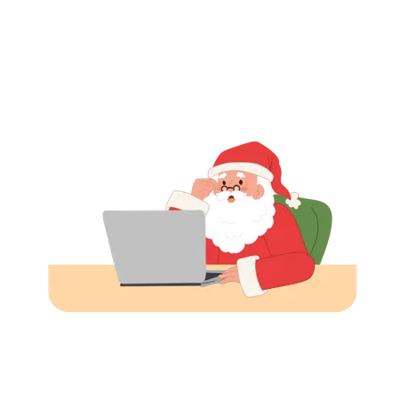 Papá Noel trabajando en la computadora portátil  Illustration