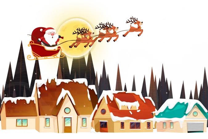 Papá Noel volando con trineo en la noche de Navidad  Ilustración