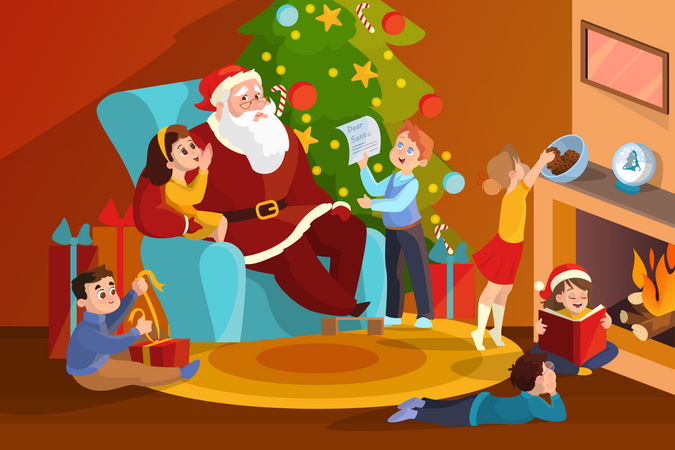 Papá Noel y los niños en la habitación celebran la Navidad.  Ilustración