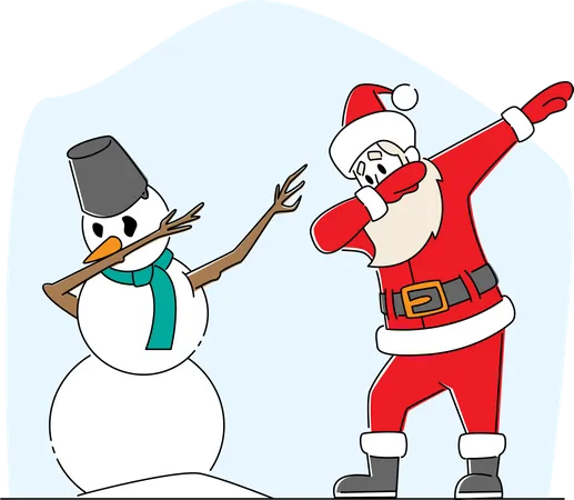 Celebracion De Navidad Santa Claus Y Snowman Dabbing Motion Hombre Divertido Disfrazado De Rojo Dab Disco Dancing Personajes Navidenos Realizando Danza Moderna En La Fiesta Ilustracion Vectorial Lineal Aislada Ilustración