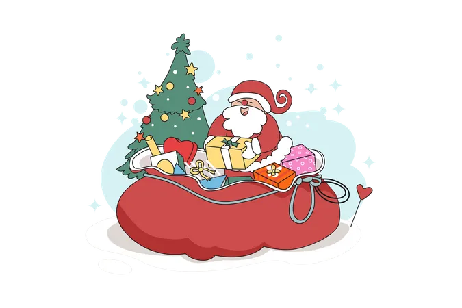 Papá Noel y una gran bolsa de regalo.  Ilustración