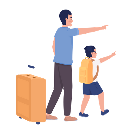 Papá con hijo eligiendo destino para el viaje  Ilustración