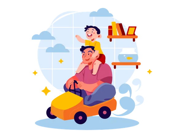 Papá conduciendo un coche de juguete con su hijo  Ilustración