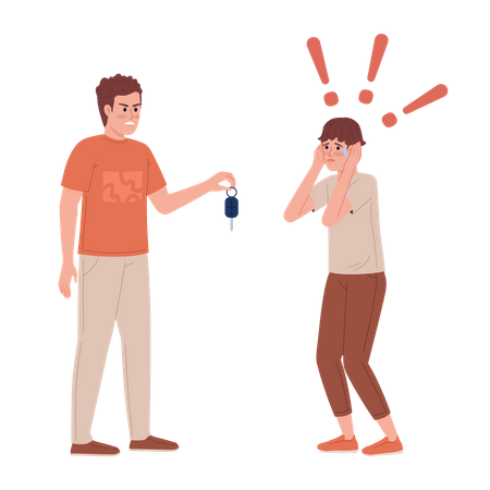Papá disgustado con la llave del automóvil y su hijo asustado  Ilustración