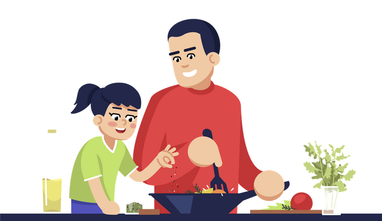 Papá e hija cocinando comida  Ilustración