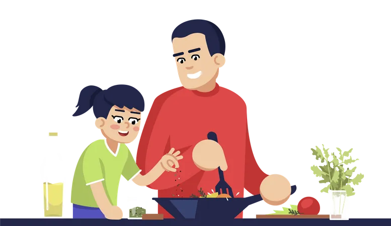 Papá e hija cocinando comida  Ilustración