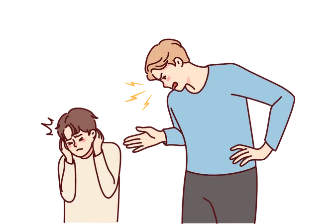 Papá enojado regaña a su hijo cerrando los oídos con las manos  Ilustración