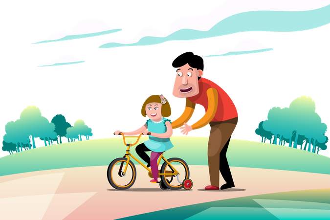 Papá enseñando a su hija a andar en bicicleta  Ilustración