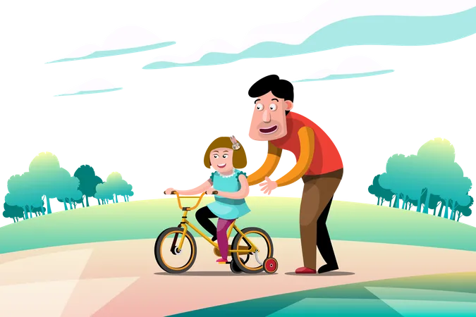 Papá enseñando a su hija a andar en bicicleta  Ilustración