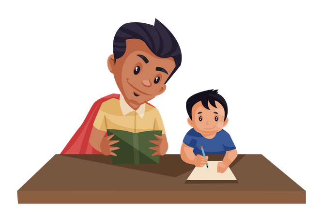 Papá está ayudando a su hijo en la tarea  Ilustración