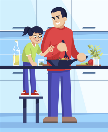 Papa et fille préparent un repas  Illustration