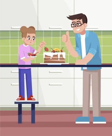 Papa et fille décorant une tarte  Illustration