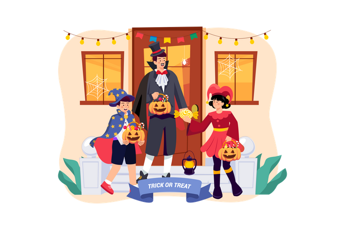 Papa et ses enfants font des bonbons ou des friandises et s'amusent à Halloween  Illustration