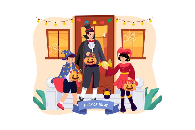 Papa et ses enfants font des bonbons ou des friandises et s'amusent à Halloween  Illustration