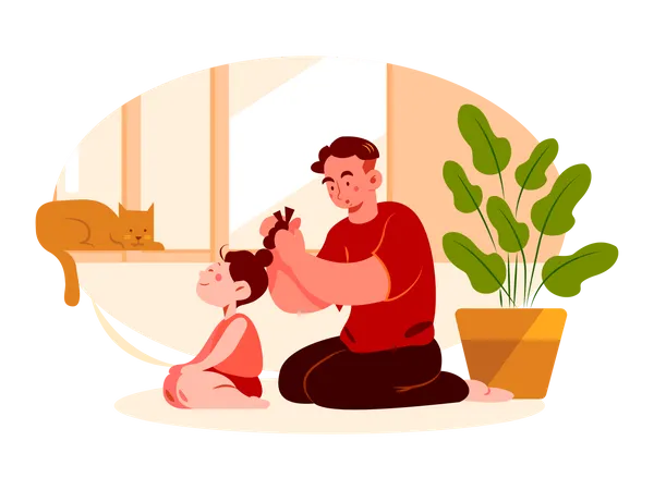 Papá haciendo pelo de hija  Ilustración