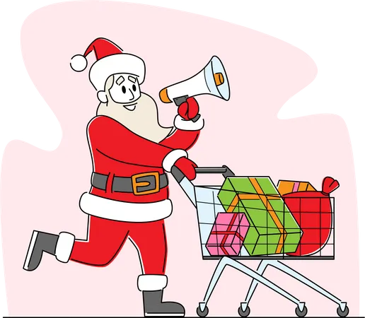 Papá Noel con altavoz empujando el carrito de la compra anunciando rebajas navideñas  Ilustración