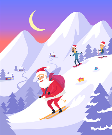 Papá Noel con bolsa deslizándose por montañas nevadas  Ilustración