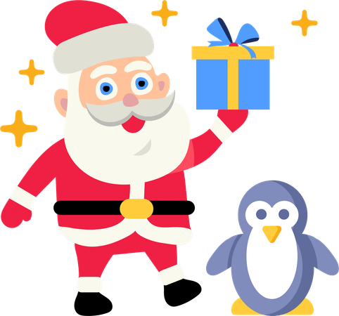 Papá Noel con crías de pingüino  Ilustración