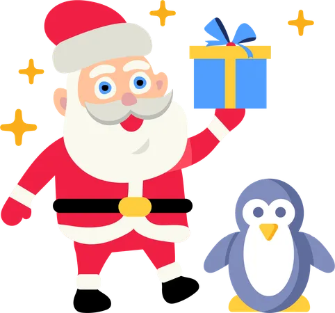 Papá Noel con crías de pingüino  Ilustración