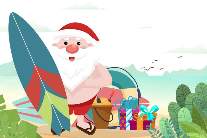 Papá Noel con tabla de surf y regalos.  Ilustración