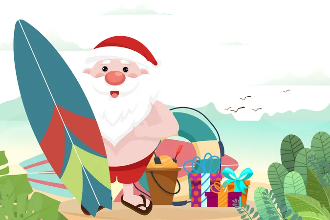 Papá Noel con tabla de surf y regalos.  Ilustración