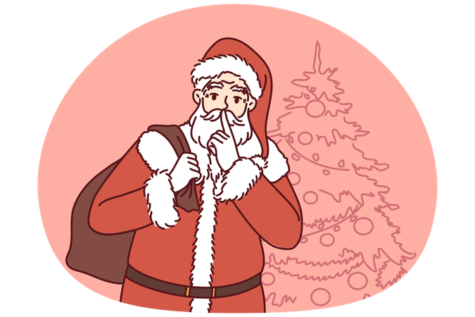 Papá Noel con una bolsa de regalos vino a felicitar a los niños por las fiestas navideñas.  Ilustración