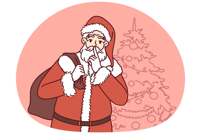 Papá Noel con una bolsa de regalos vino a felicitar a los niños por las fiestas navideñas.  Ilustración