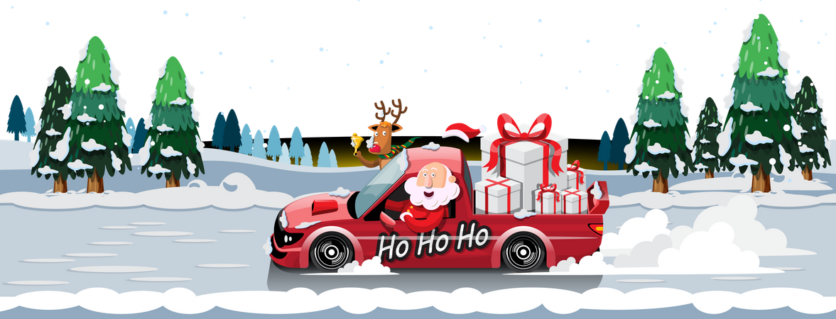 Papá Noel conduce un coche para entregar regalos de Navidad a niños de todo el mundo  Ilustración