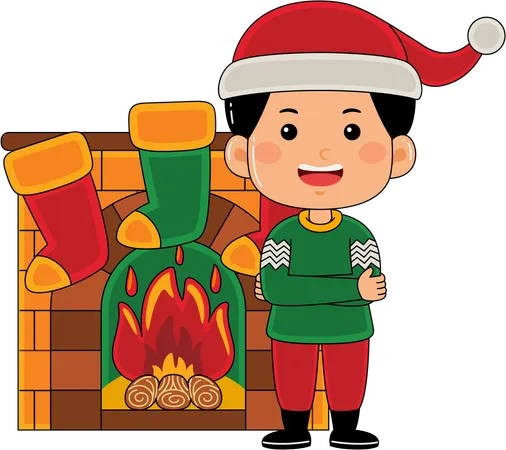 Papá Noel de pie junto a la chimenea  Ilustración