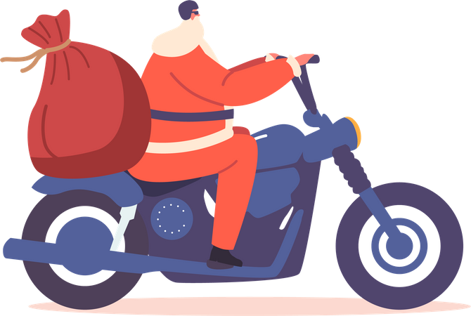 Papá Noel en bicicleta con bolsa de regalo  Ilustración