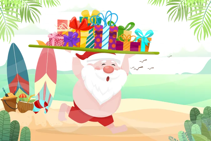 Santa Claus vistiendo traje de baño y llevando una tabla de surf con cajas de regalo corriendo en la playa  Ilustración