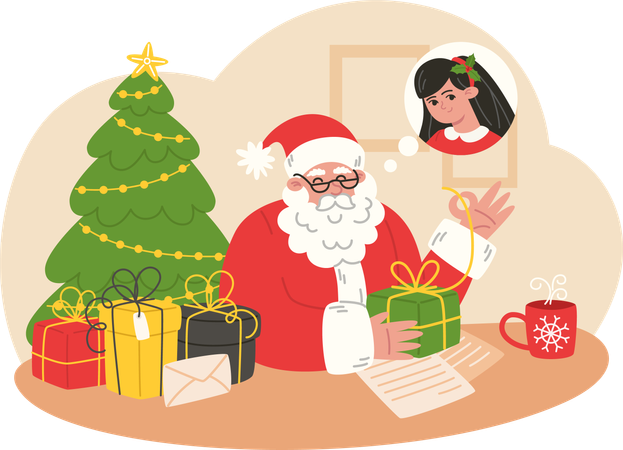 Papá Noel envolviendo regalos para niños  Ilustración